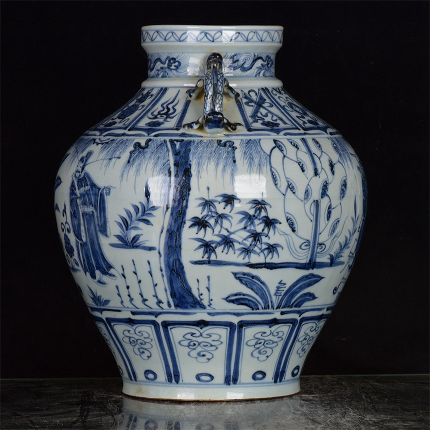 Chinese Antique Blue and White Zhou Yafu Xiliuying Double Ear Pan Mouth Jar