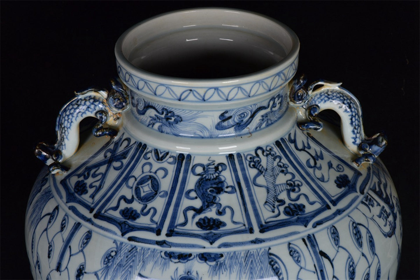 Chinese Antique Blue and White Zhou Yafu Xiliuying Double Ear Pan Mouth Jar