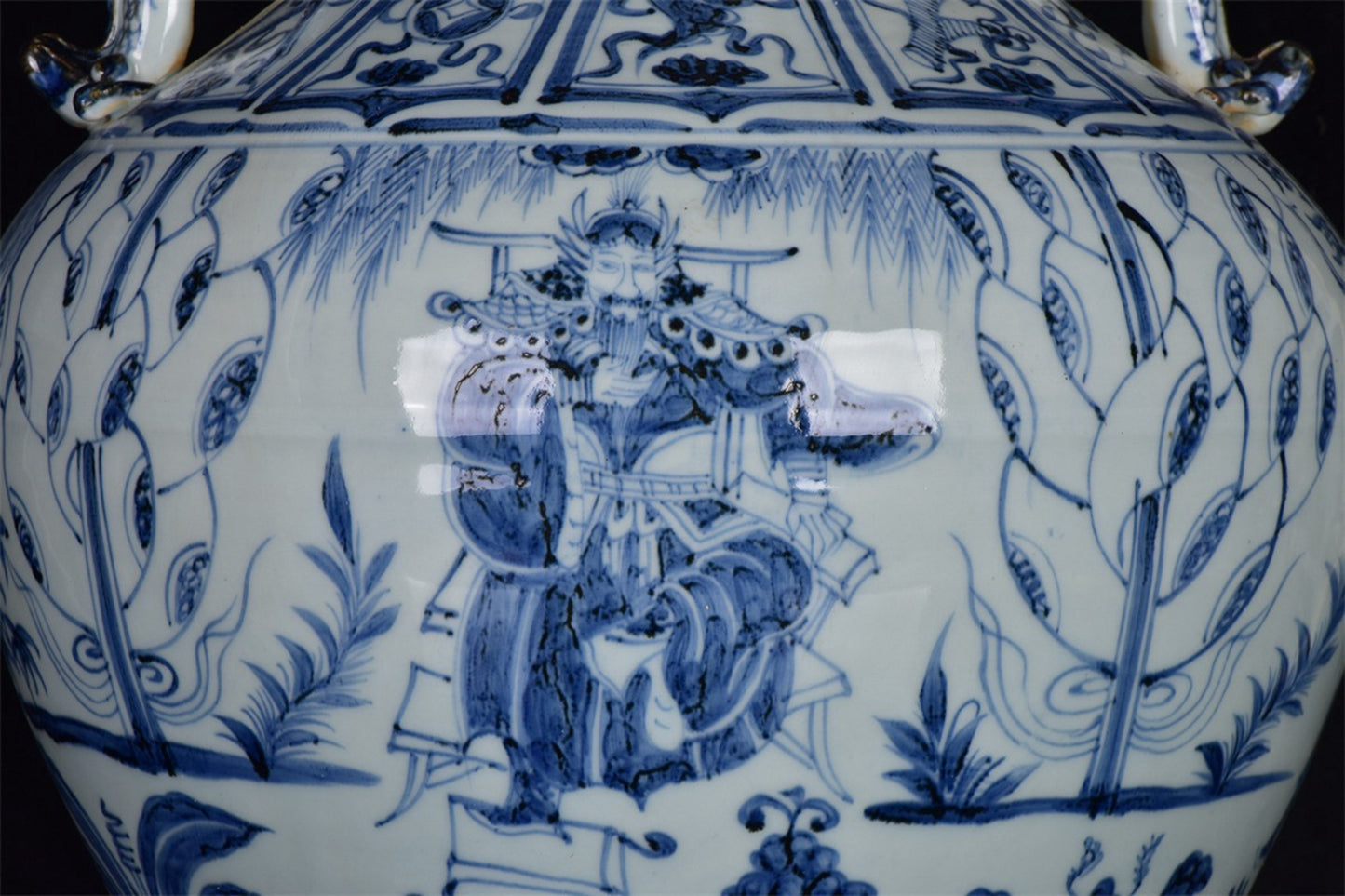 Chinese Antique Blue and White Zhou Yafu Xiliuying Double Ear Pan Mouth Jar