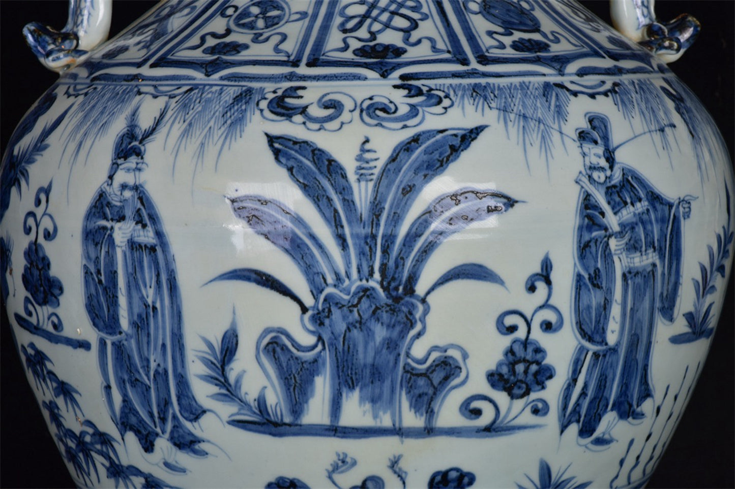 Chinese Antique Blue and White Zhou Yafu Xiliuying Double Ear Pan Mouth Jar