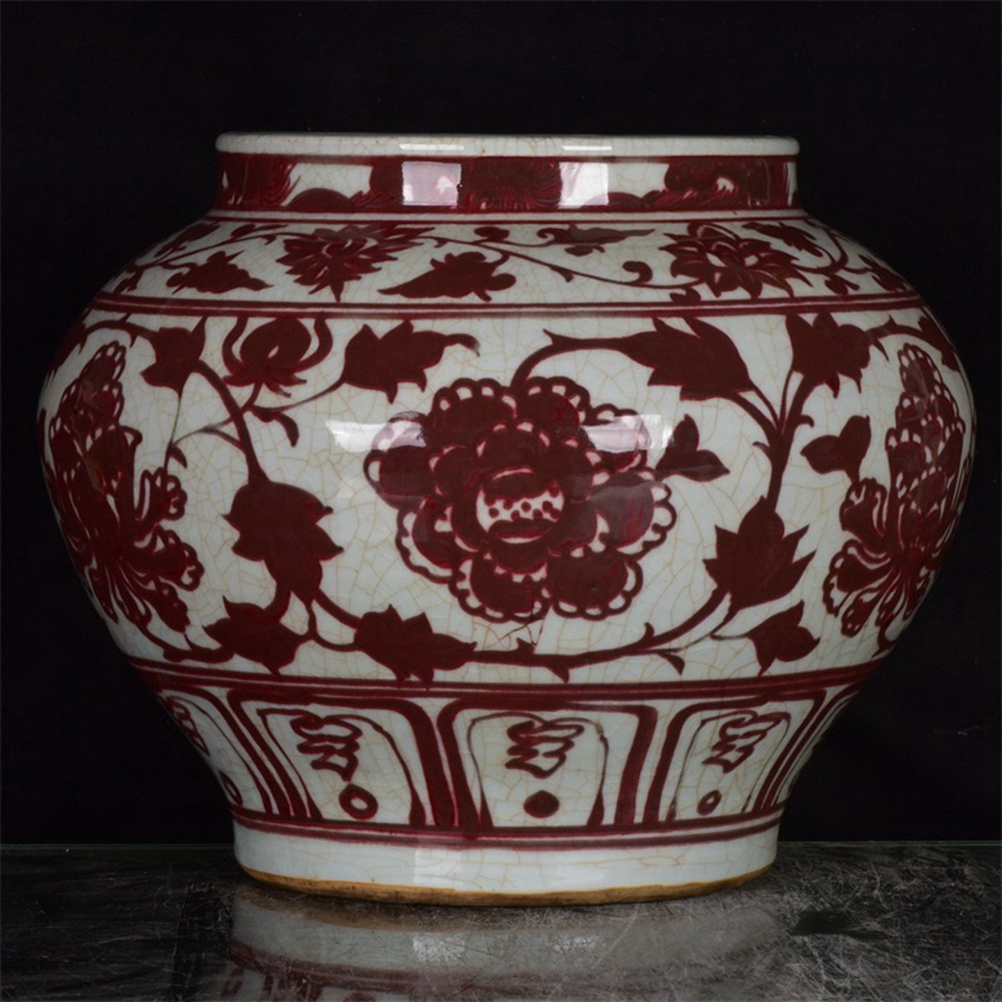 Chinese antique glazed red open sheet peony flower patterned jar
