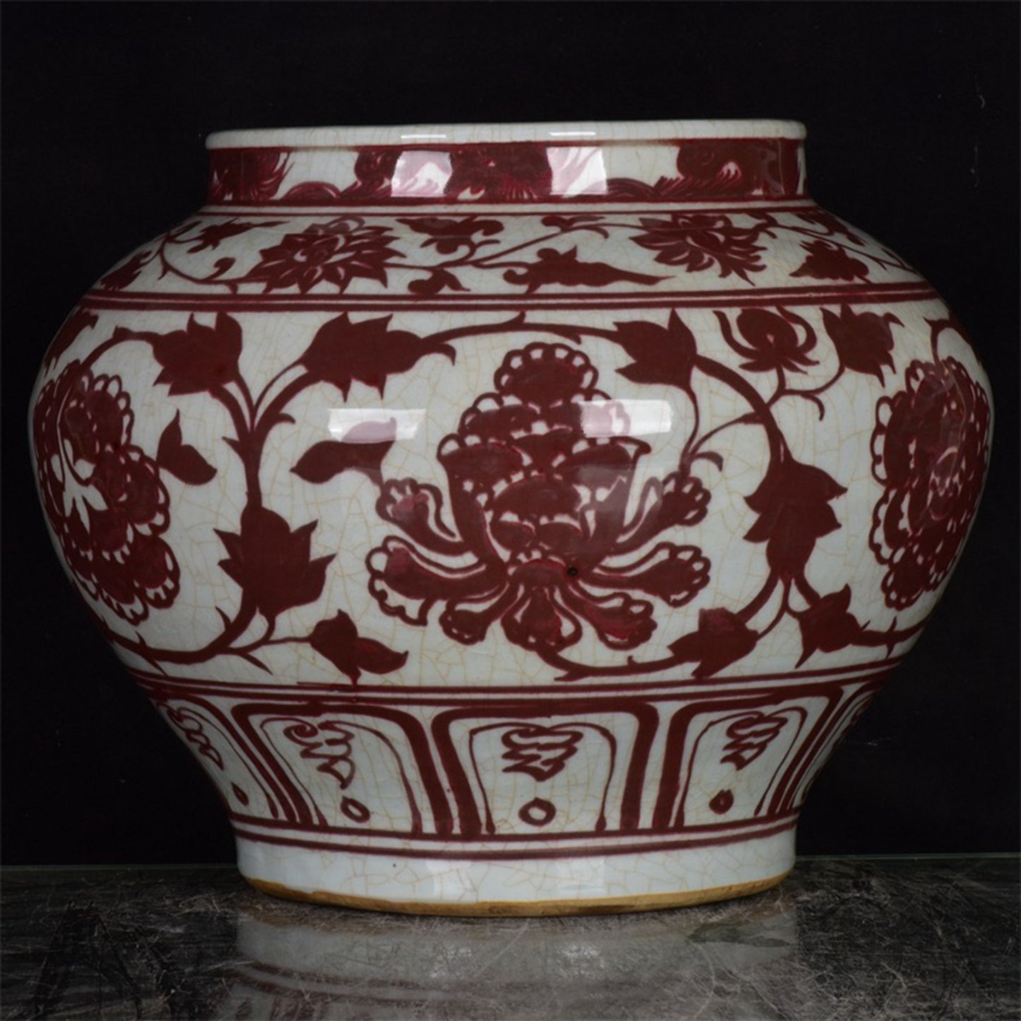 Chinese antique glazed red open sheet peony flower patterned jar