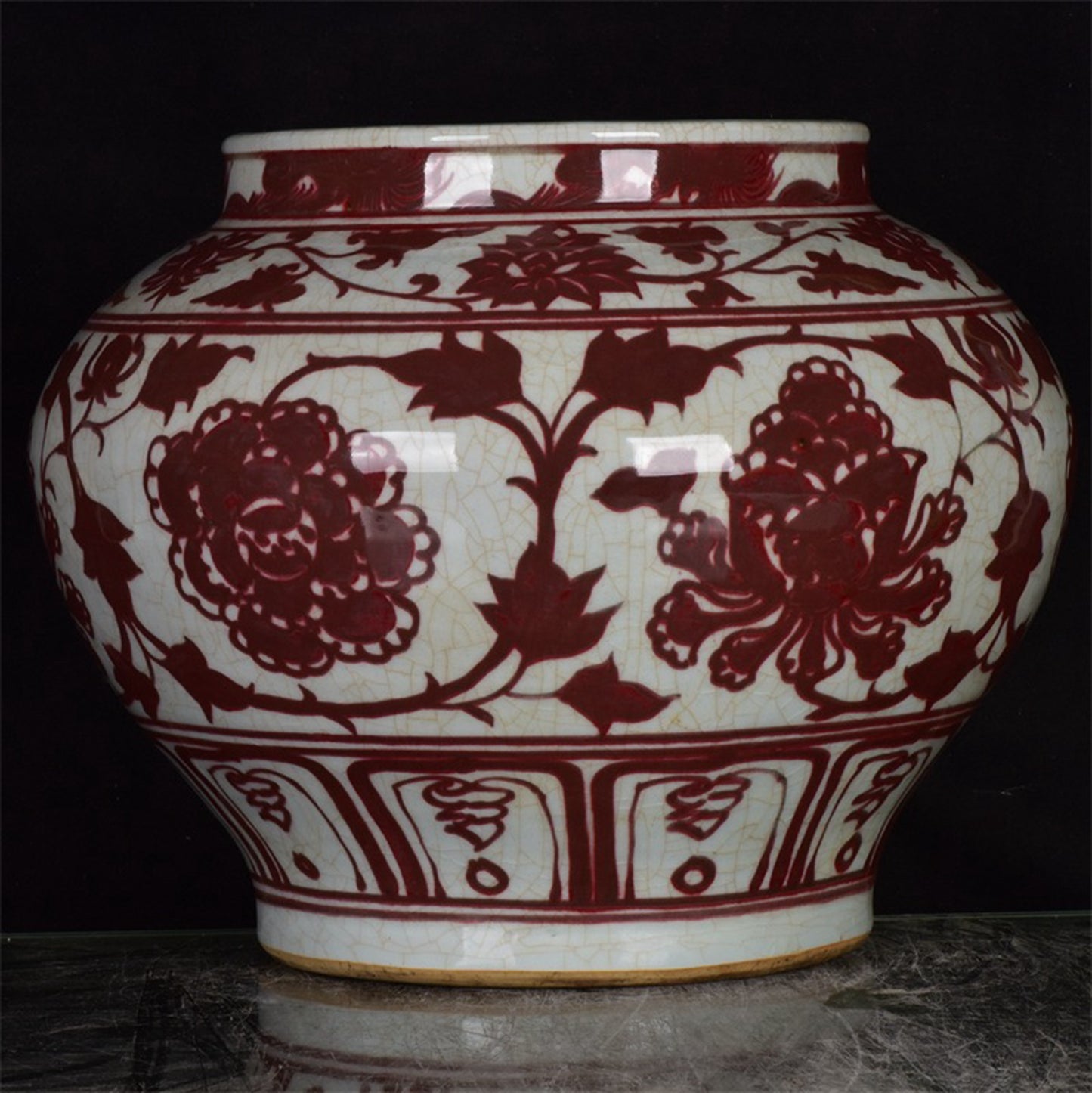Chinese antique glazed red open sheet peony flower patterned jar