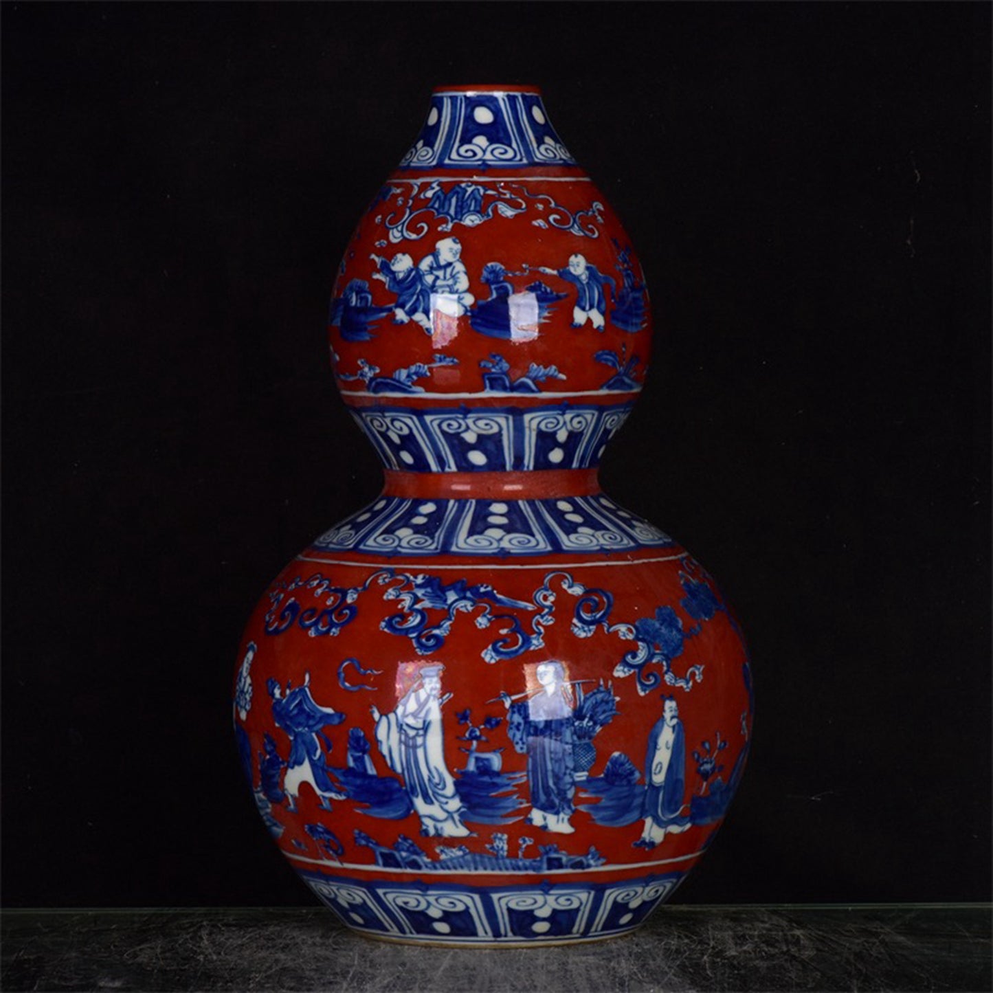 Chinese Antique Red Glazed Blue and White Figure Story Pattern Gourd Product
