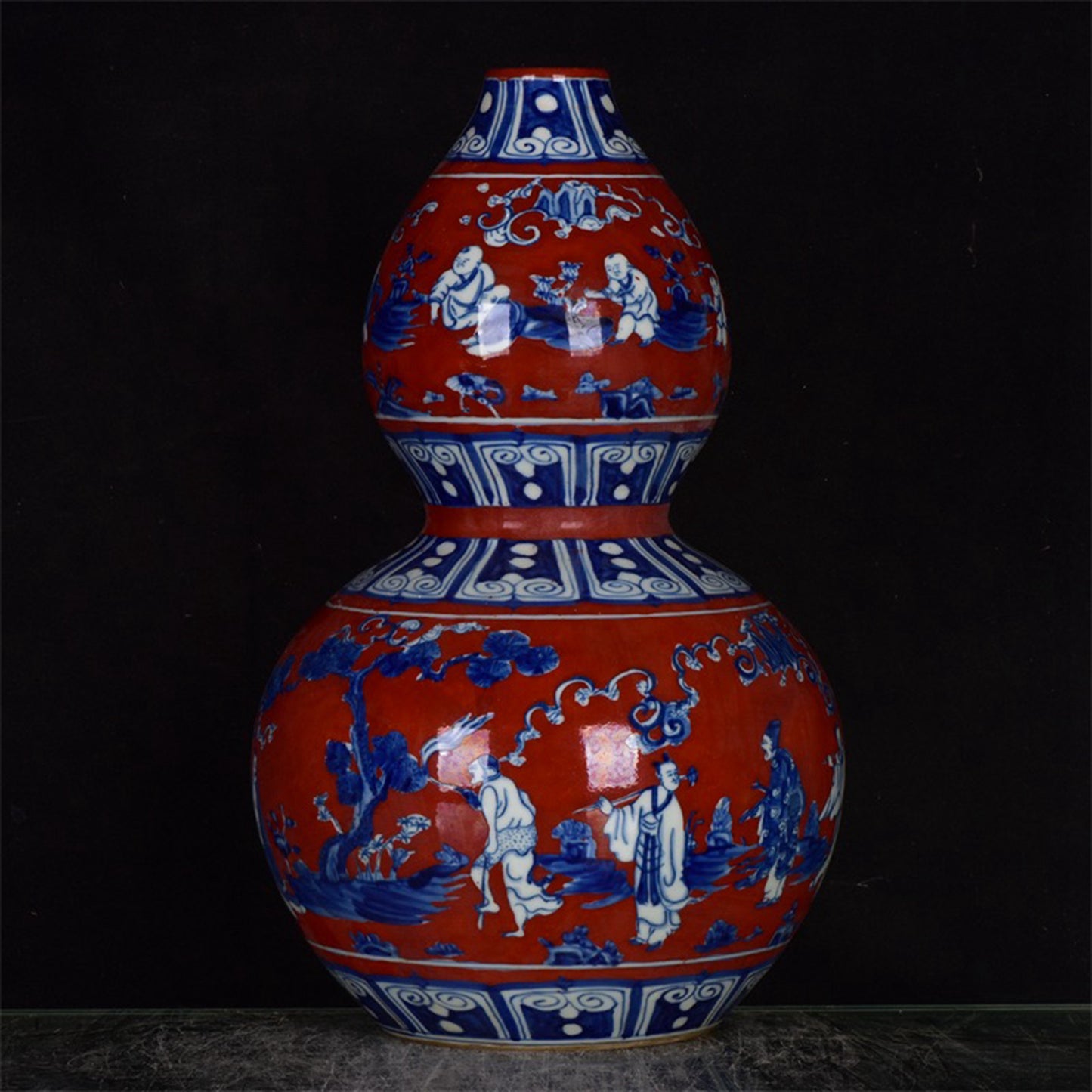 Chinese Antique Red Glazed Blue and White Figure Story Pattern Gourd Product