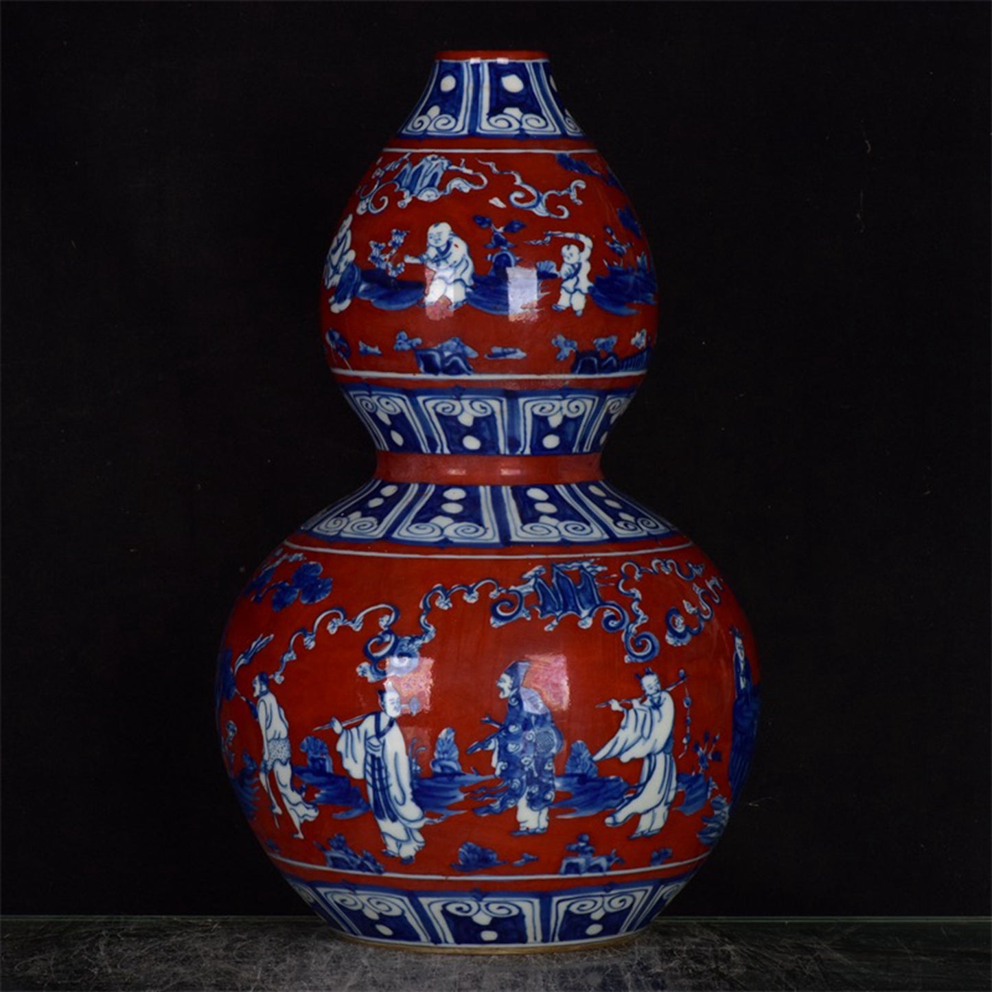 Chinese Antique Red Glazed Blue and White Figure Story Pattern Gourd Product