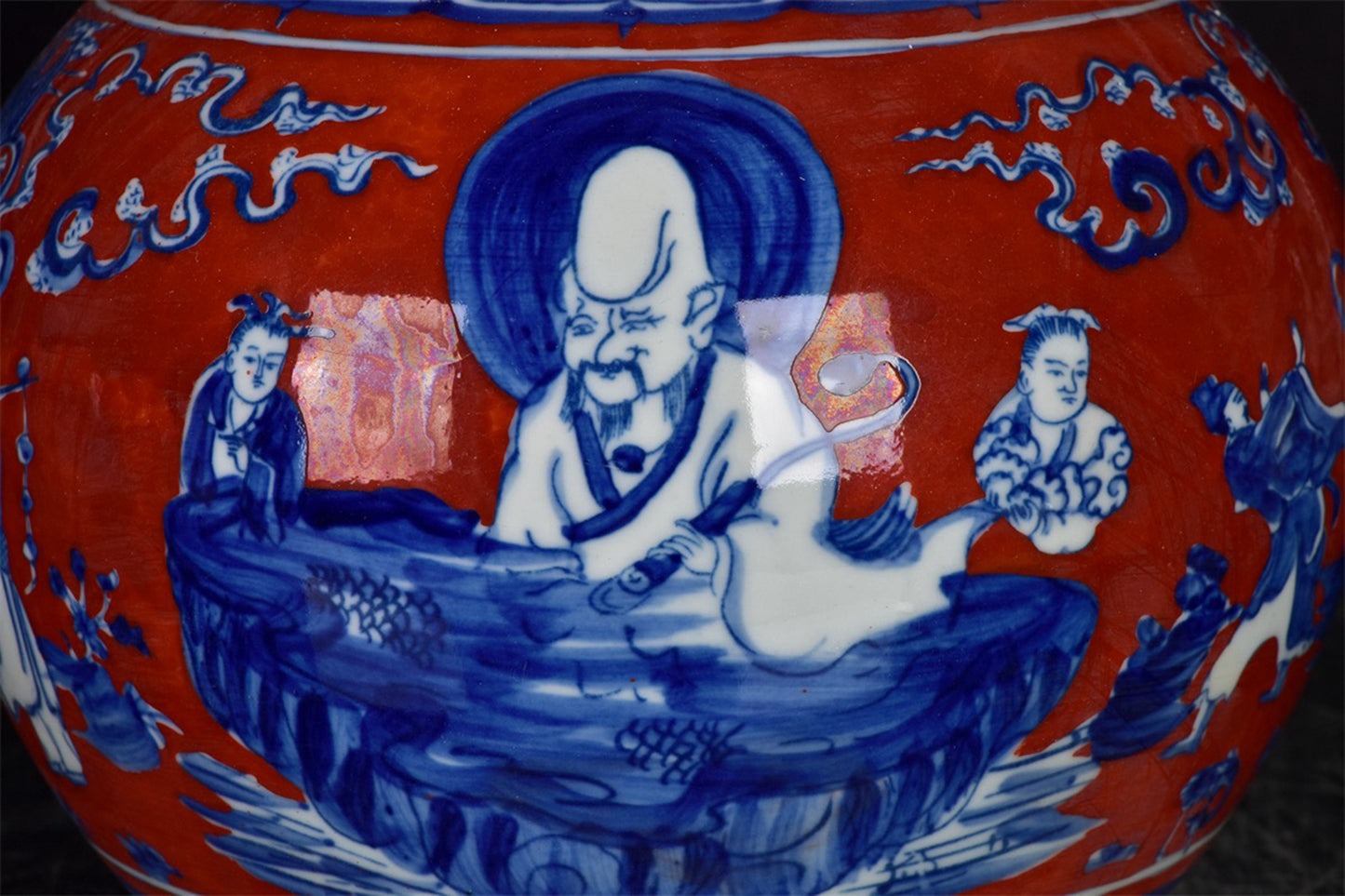 Chinese Antique Red Glazed Blue and White Figure Story Pattern Gourd Product