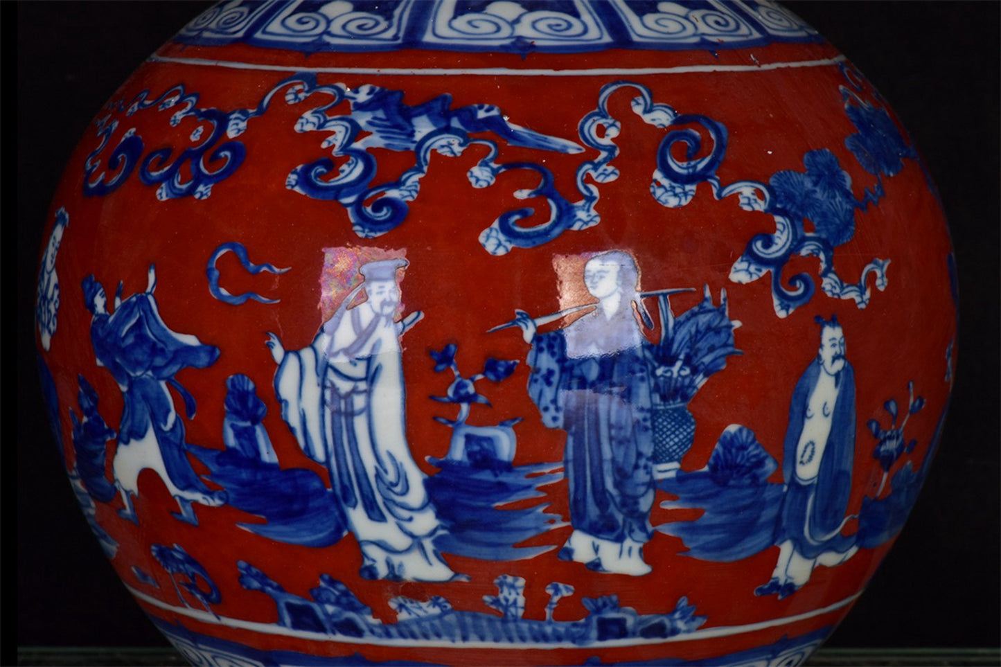 Chinese Antique Red Glazed Blue and White Figure Story Pattern Gourd Product