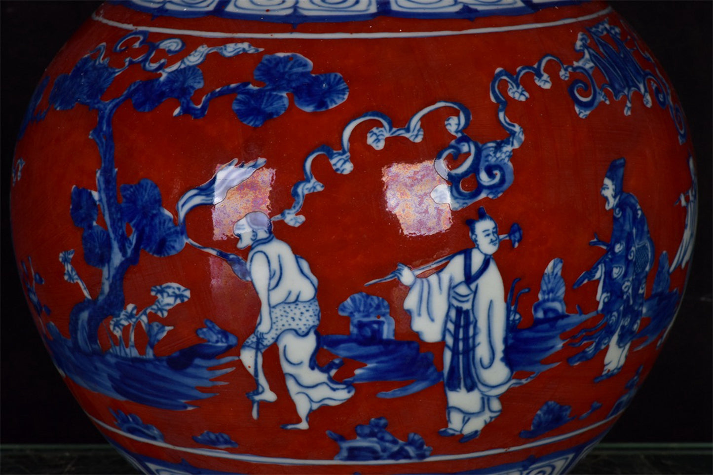 Chinese Antique Red Glazed Blue and White Figure Story Pattern Gourd Product