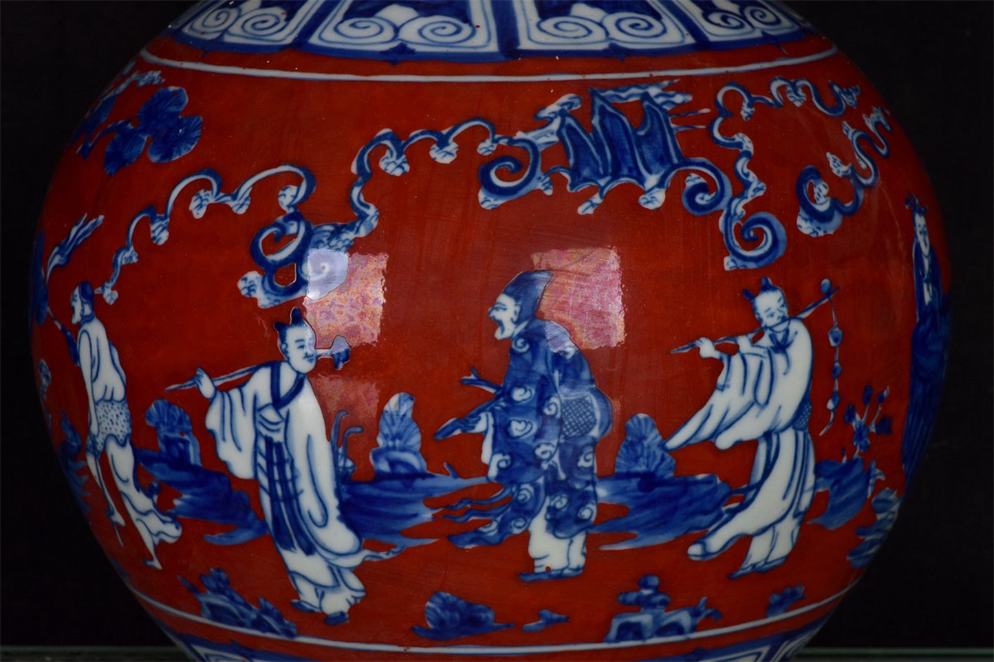 Chinese Antique Red Glazed Blue and White Figure Story Pattern Gourd Product