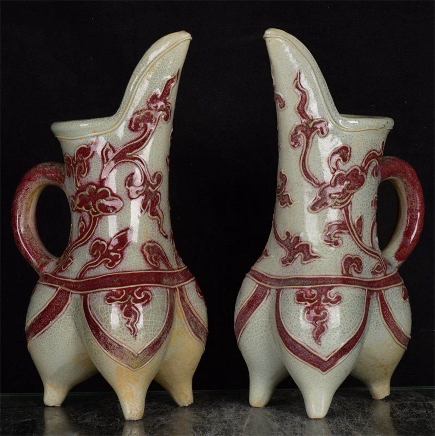Chinese antique glazed red flower patterned three legged cup