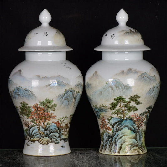 Chinese Antique Landscape Pattern Wang Xiaoting Painted General Jar