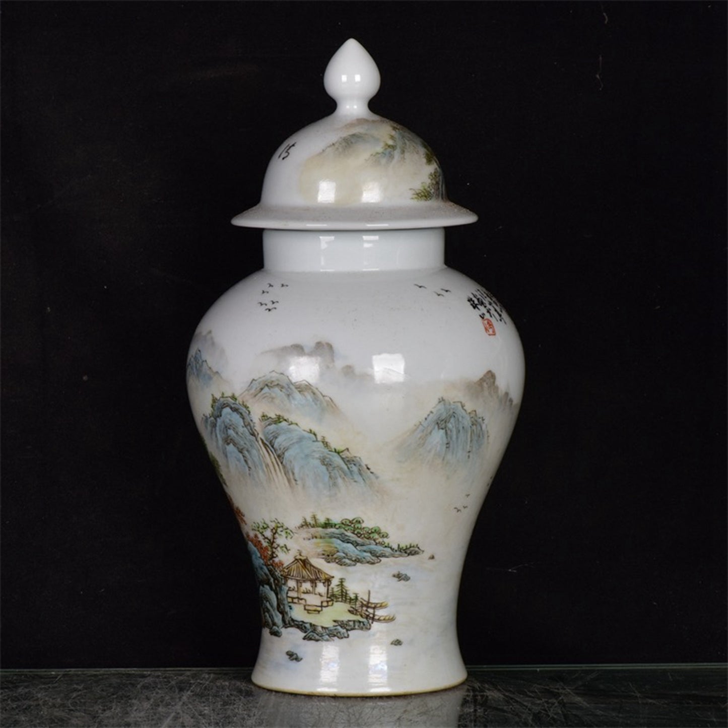 Chinese Antique Landscape Pattern Wang Xiaoting Painted General Jar