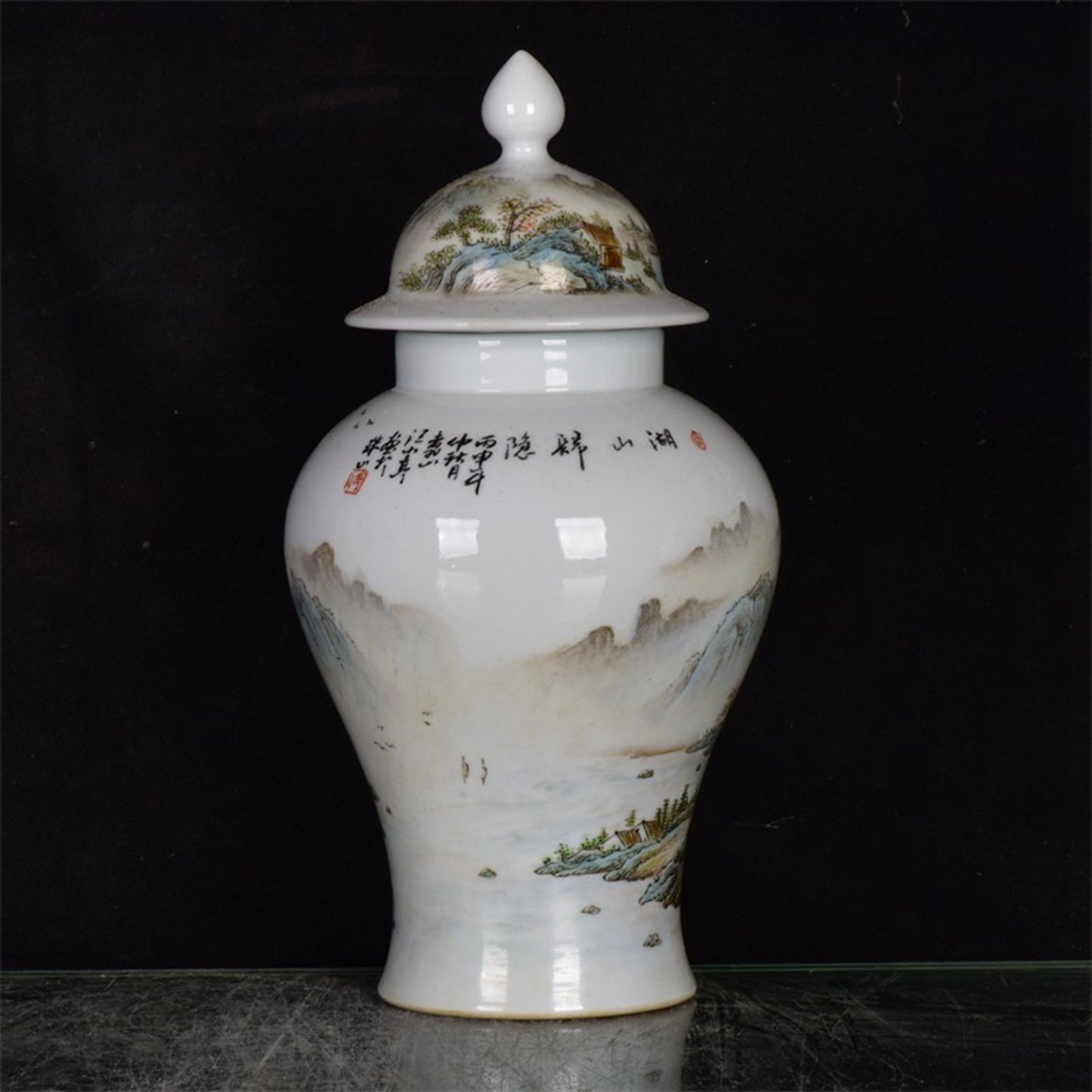 Chinese Antique Landscape Pattern Wang Xiaoting Painted General Jar