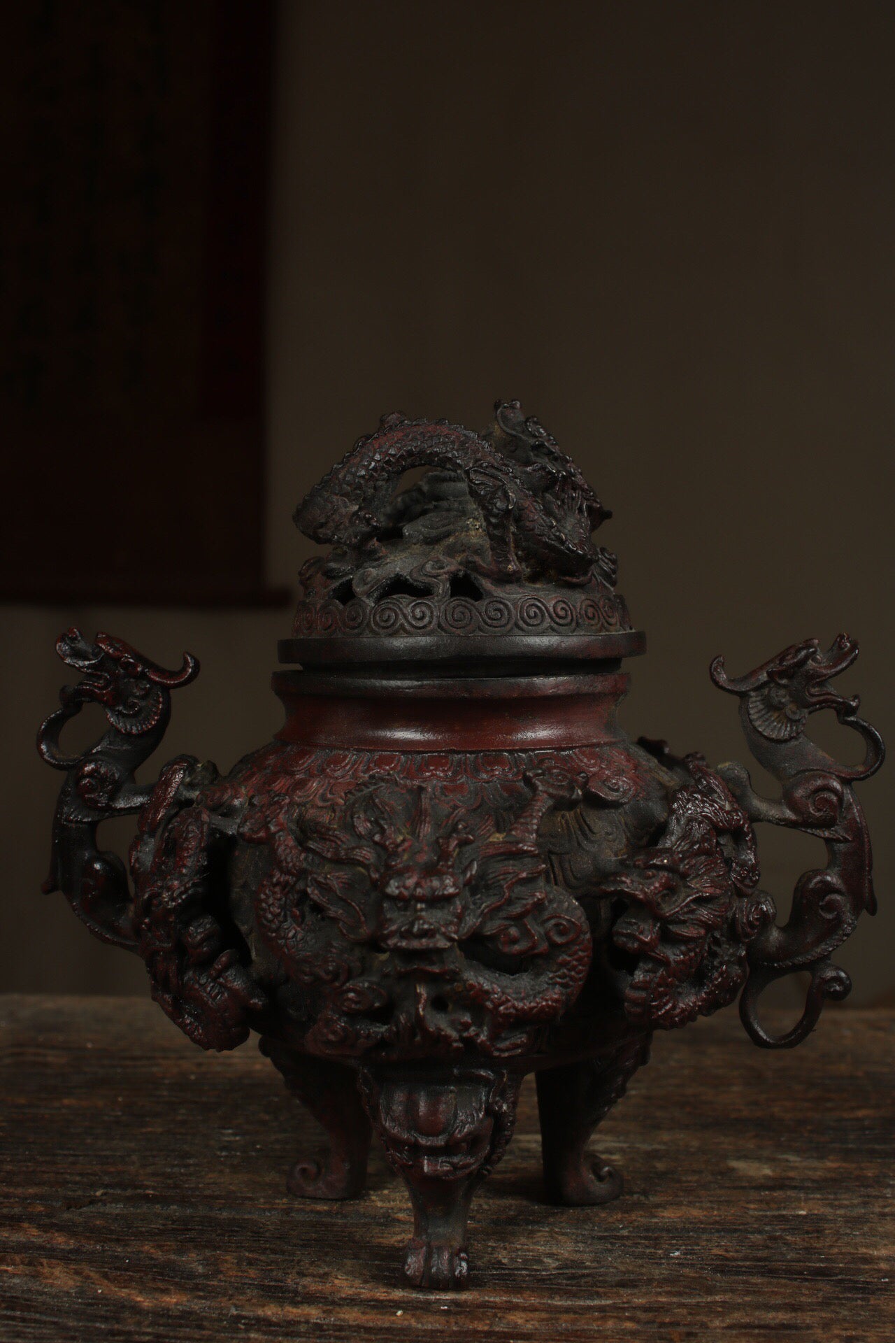 A Chinese antique pure copper incense burner with delighted eyebrows