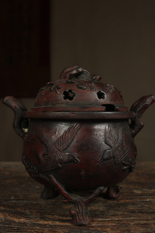 A Chinese antique pure copper incense burner with delighted eyebrows