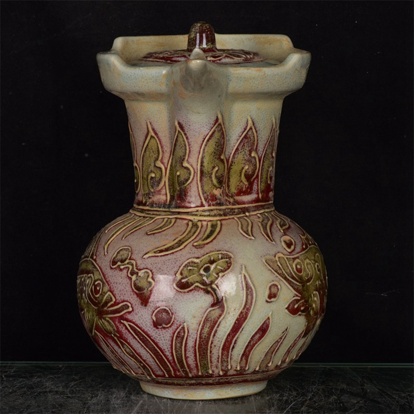 Chinese Antique Relief Fish and Algae Pattern Monk Hat Pot