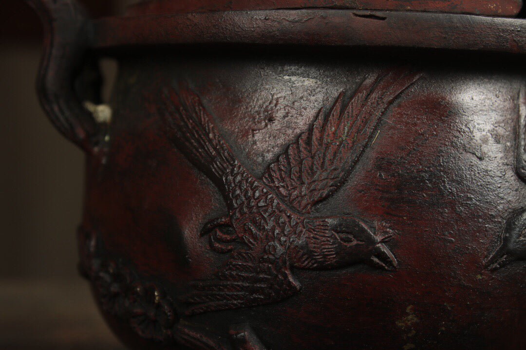 A Chinese antique pure copper incense burner with delighted eyebrows