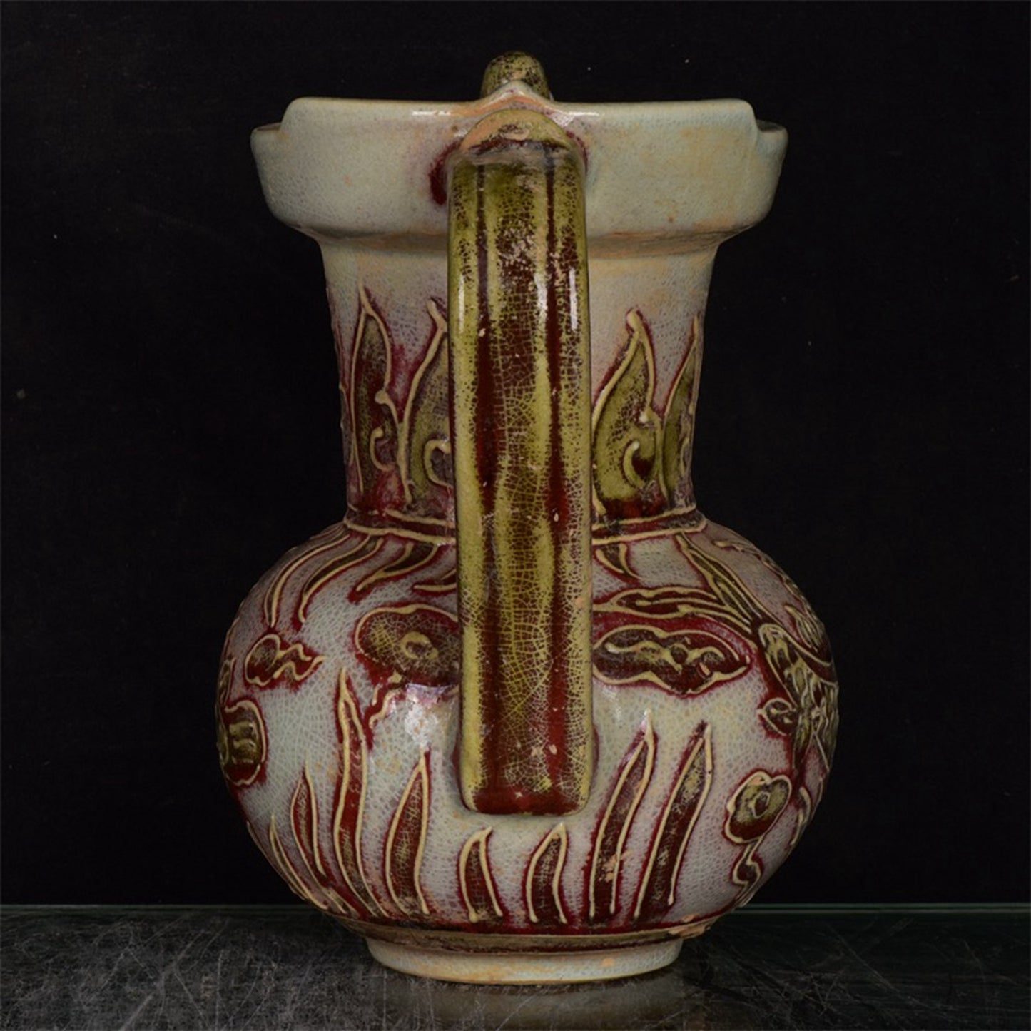 Chinese Antique Relief Fish and Algae Pattern Monk Hat Pot