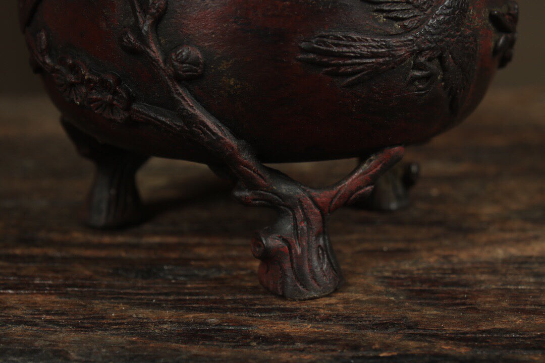 A Chinese antique pure copper incense burner with delighted eyebrows