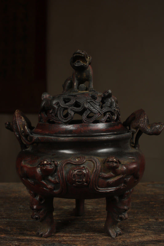 A Chinese antique pure copper double lion incense burner