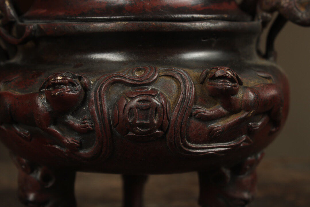 A Chinese antique pure copper double lion incense burner