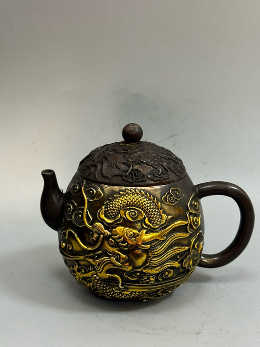 Pure copper antique gilded high dragon and phoenix teapot