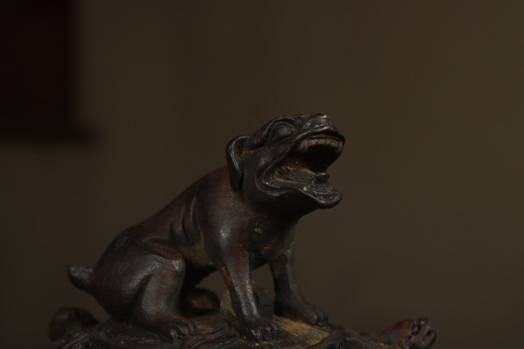 A Chinese antique pure copper double lion incense burner