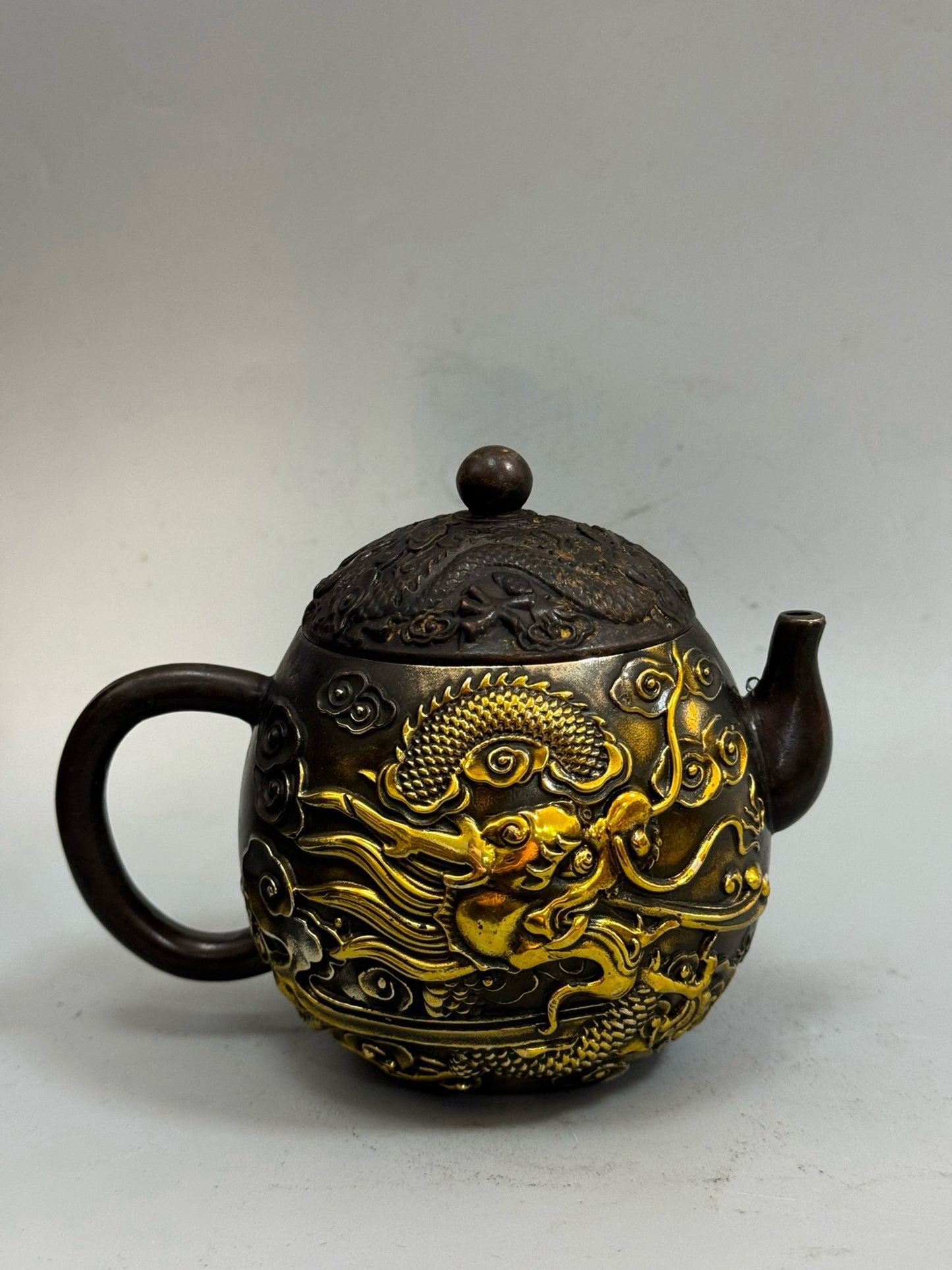 Pure copper antique gilded high dragon and phoenix teapot