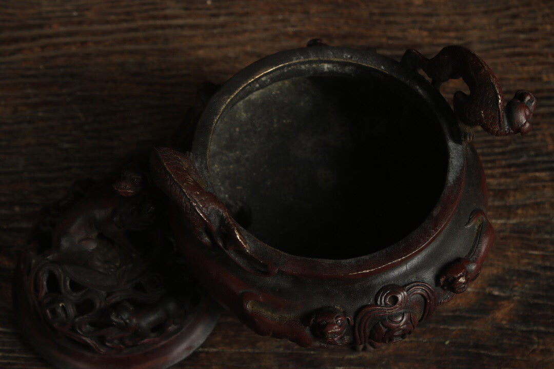 A Chinese antique pure copper double lion incense burner