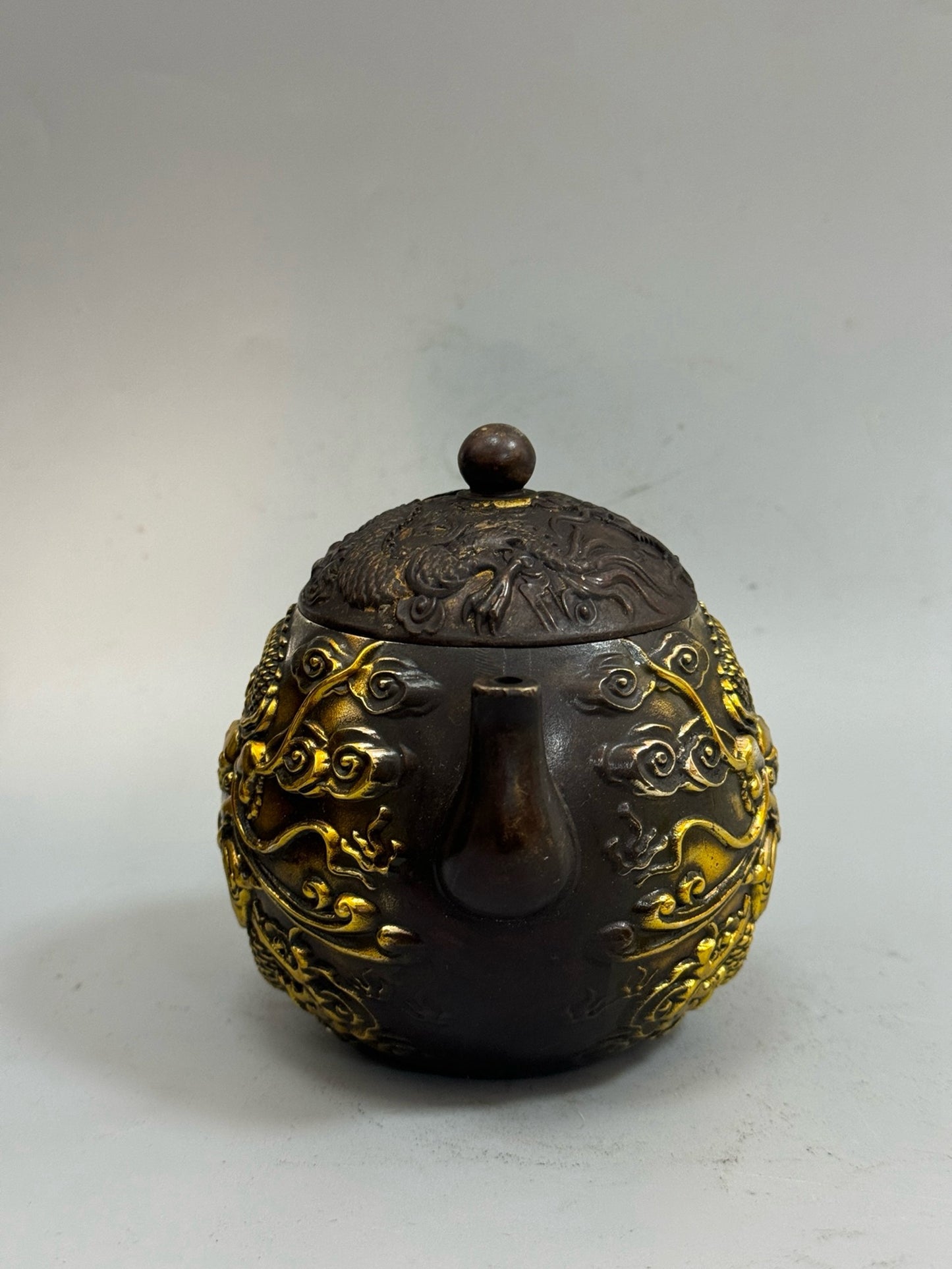 Pure copper antique gilded high dragon and phoenix teapot