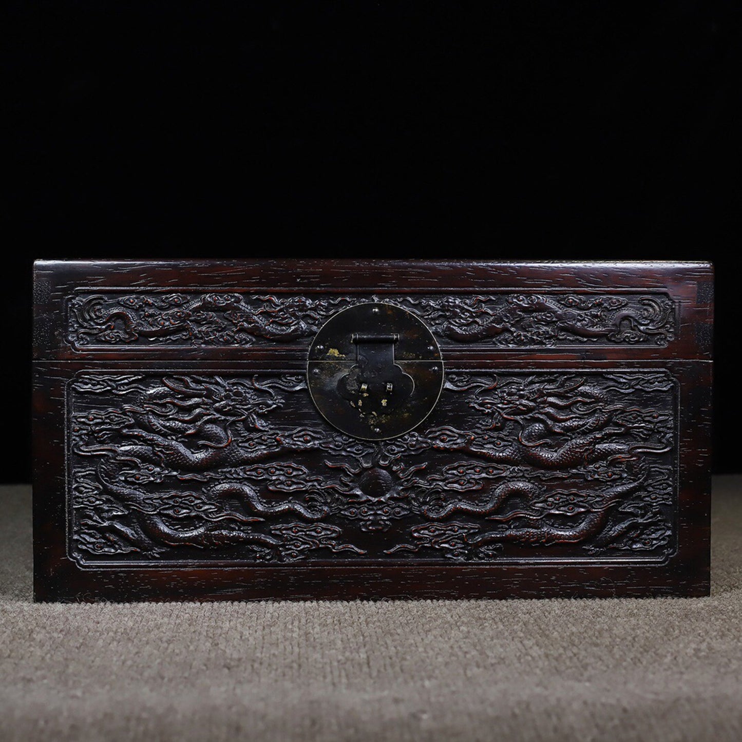 Chinese antique rosewood carving with auspicious dragons and multiple treasure boxes