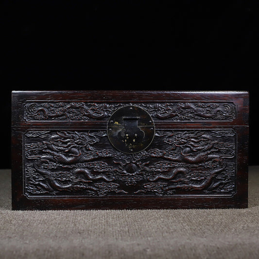 Chinese antique rosewood carving with auspicious dragons and multiple treasure boxes