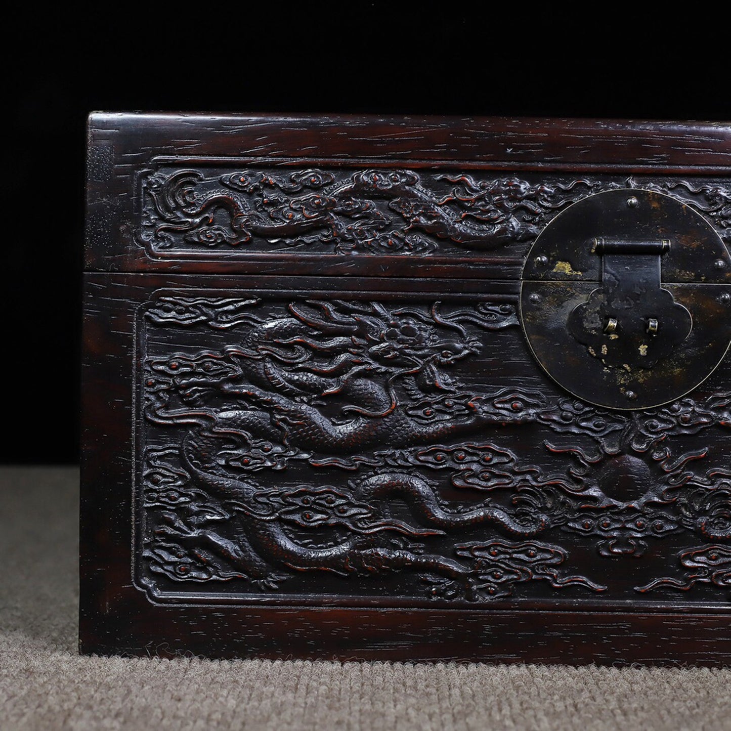 Chinese antique rosewood carving with auspicious dragons and multiple treasure boxes