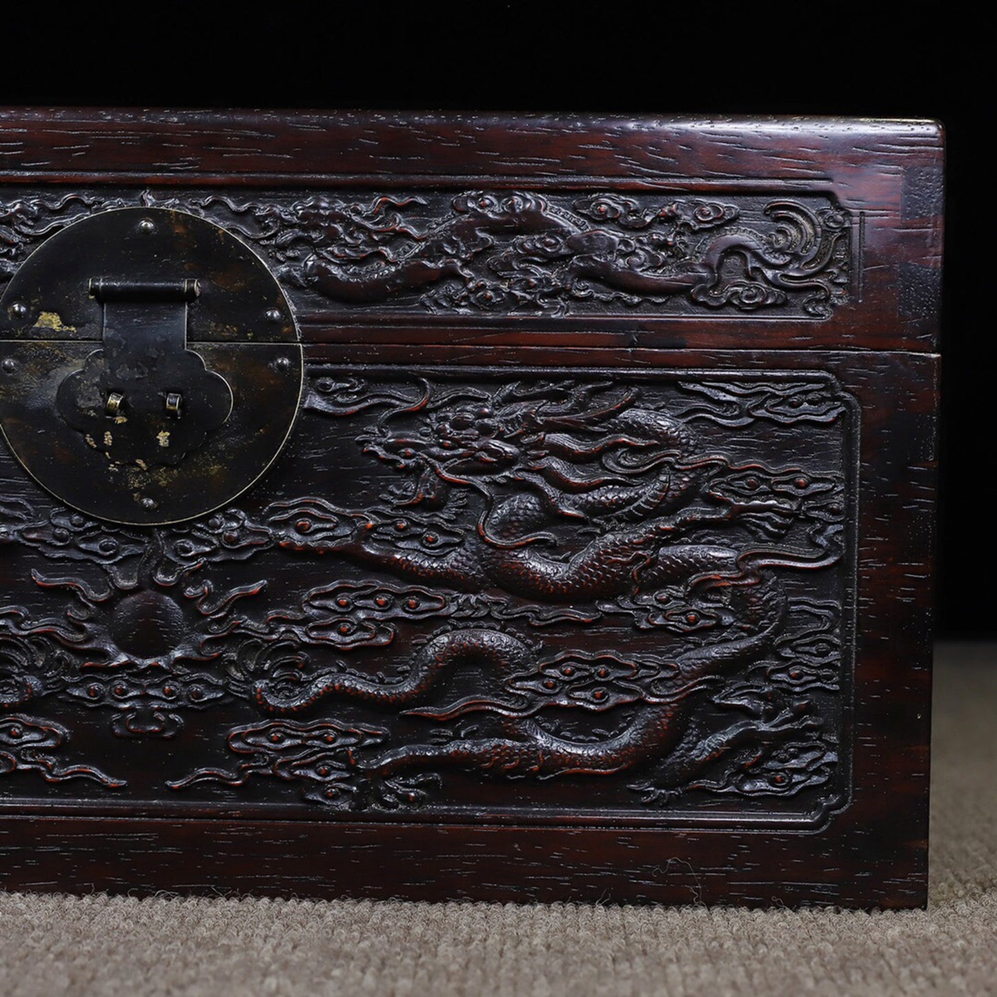 Chinese antique rosewood carving with auspicious dragons and multiple treasure boxes