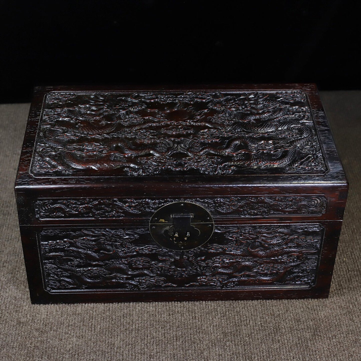 Chinese antique rosewood carving with auspicious dragons and multiple treasure boxes