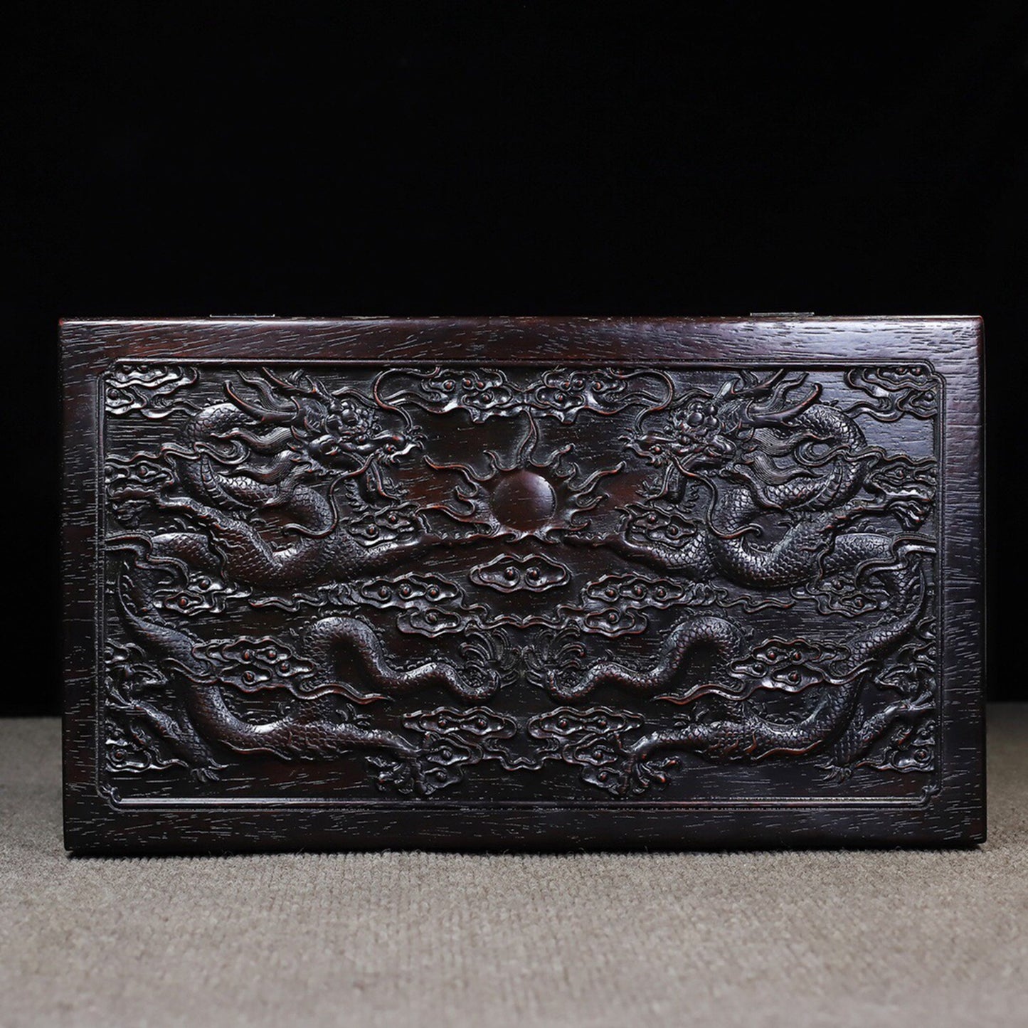Chinese antique rosewood carving with auspicious dragons and multiple treasure boxes