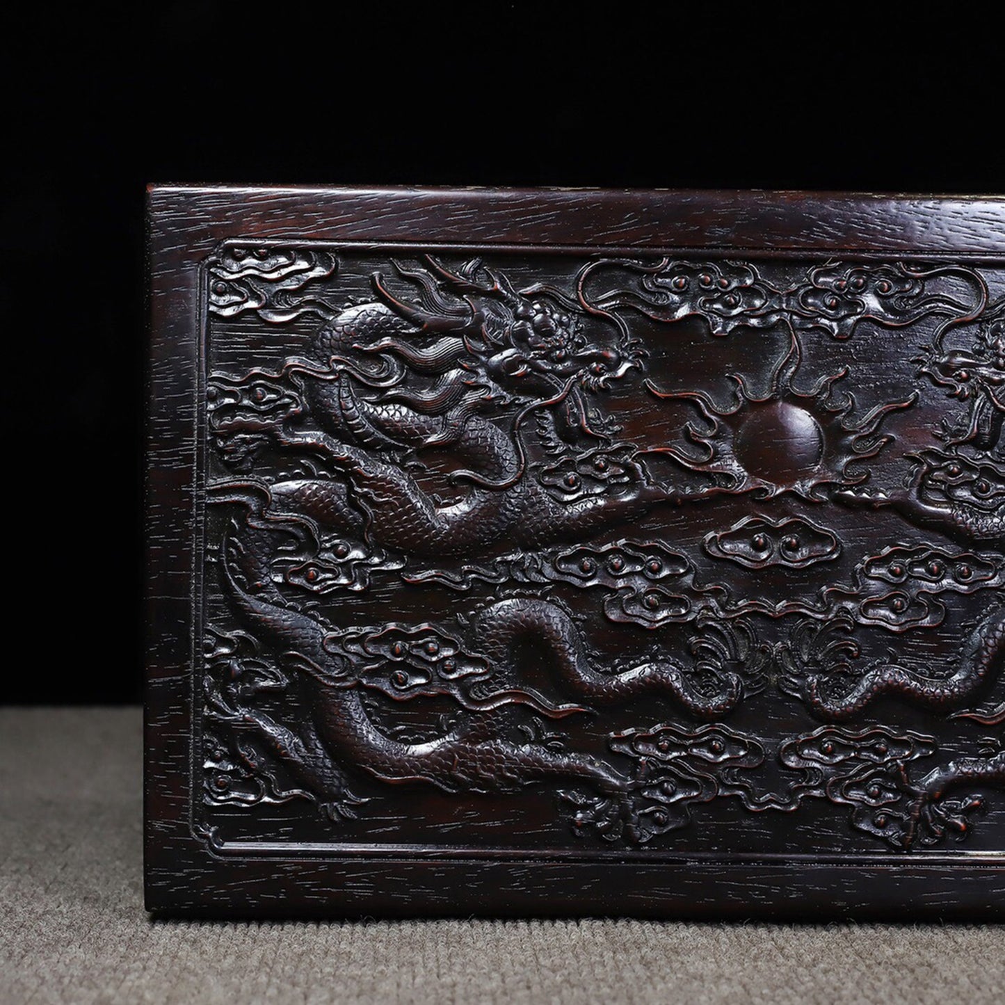 Chinese antique rosewood carving with auspicious dragons and multiple treasure boxes