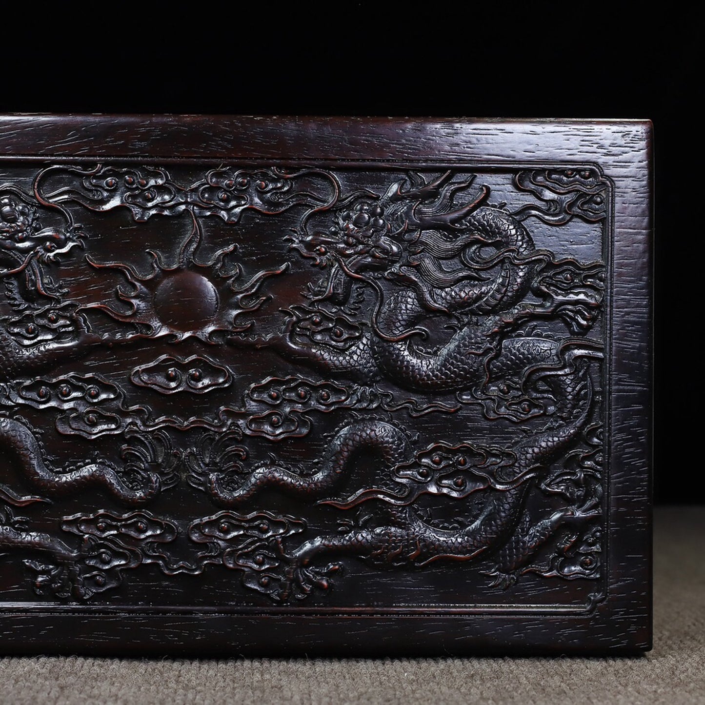 Chinese antique rosewood carving with auspicious dragons and multiple treasure boxes
