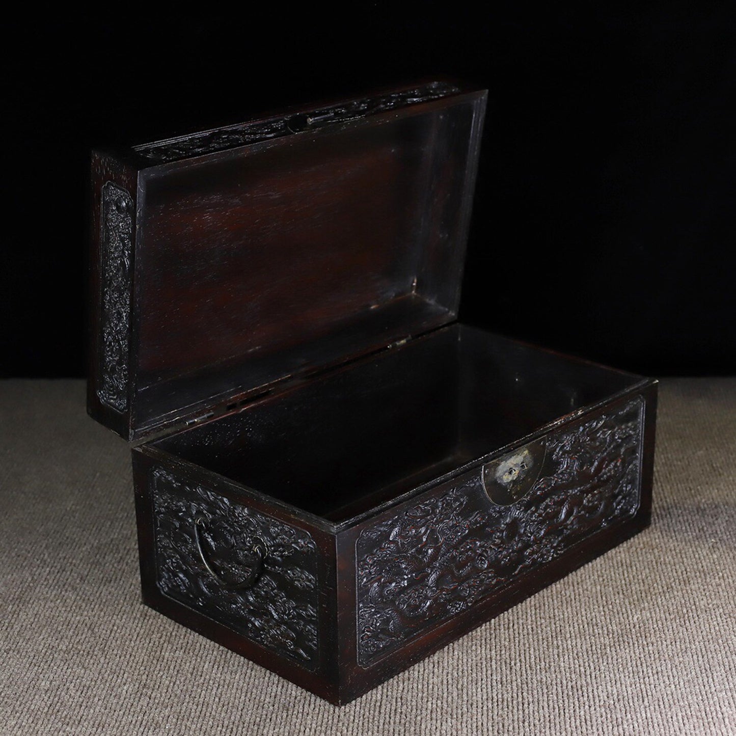 Chinese antique rosewood carving with auspicious dragons and multiple treasure boxes