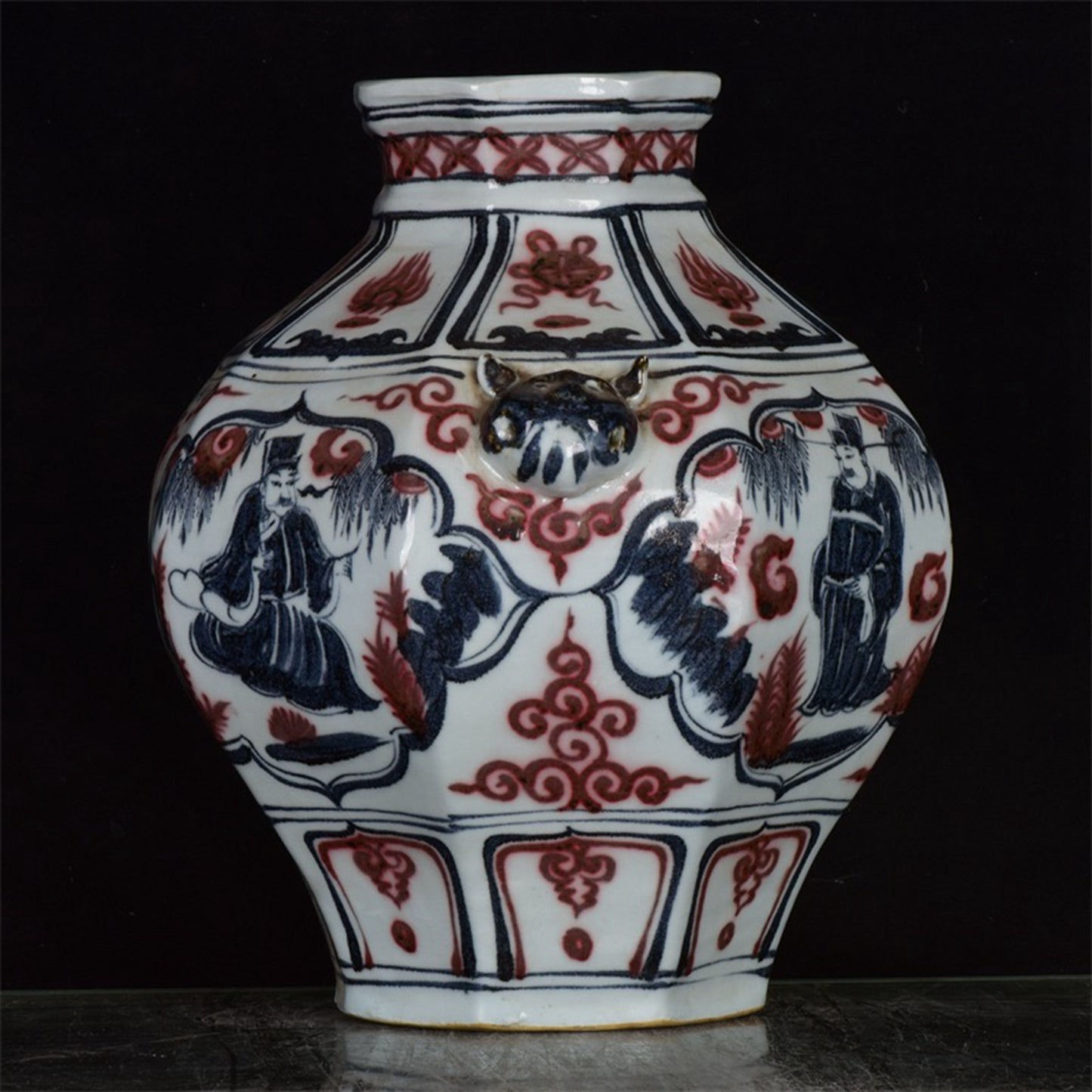 Chinese antique character story pattern double lion ear octagonal jar