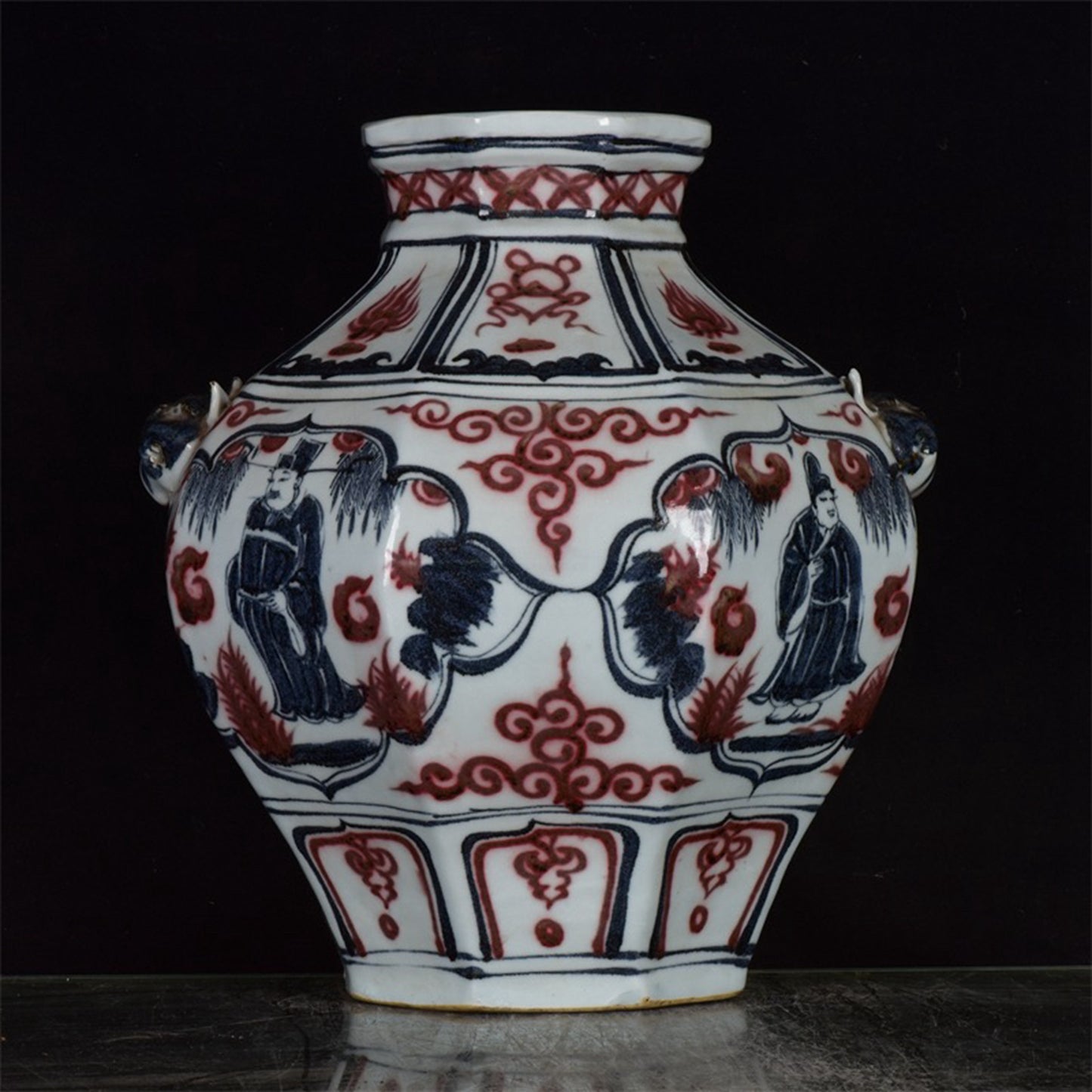 Chinese antique character story pattern double lion ear octagonal jar