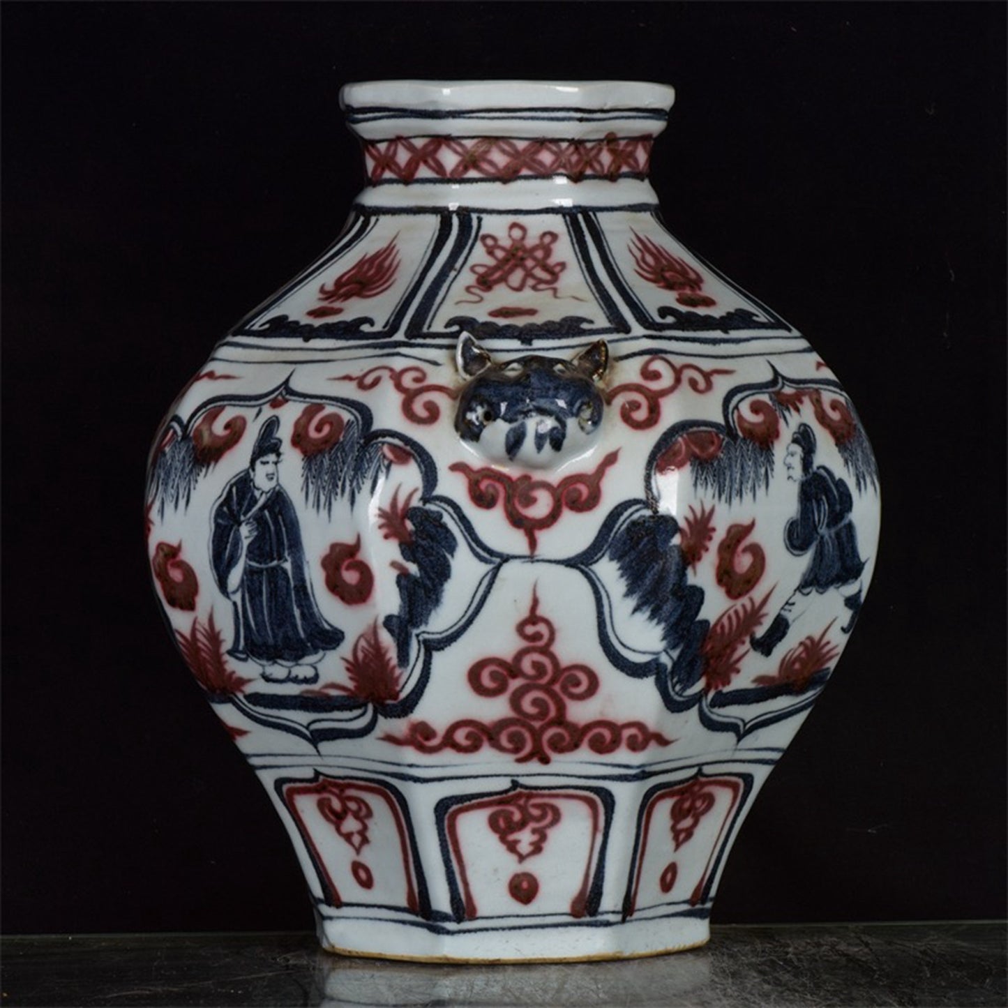 Chinese antique character story pattern double lion ear octagonal jar