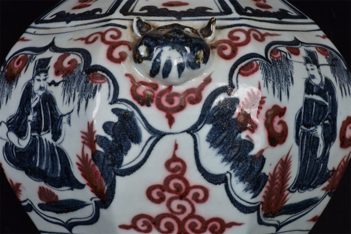 Chinese antique character story pattern double lion ear octagonal jar