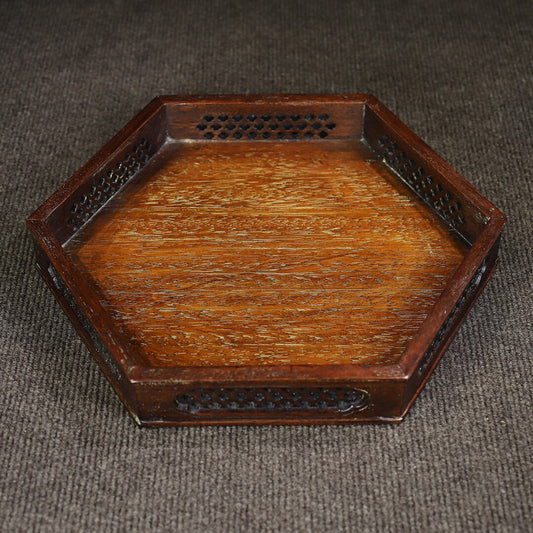 Chinese antique rosewood hollowed out carved hexagonal tea tray