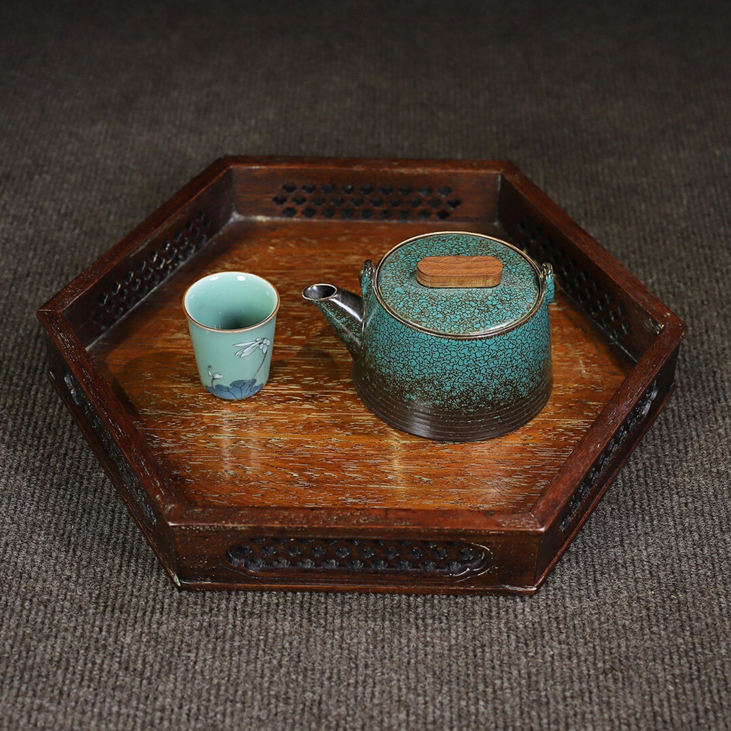 Chinese antique rosewood hollowed out carved hexagonal tea tray