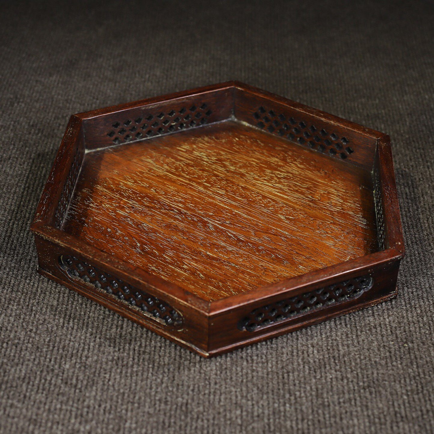 Chinese antique rosewood hollowed out carved hexagonal tea tray