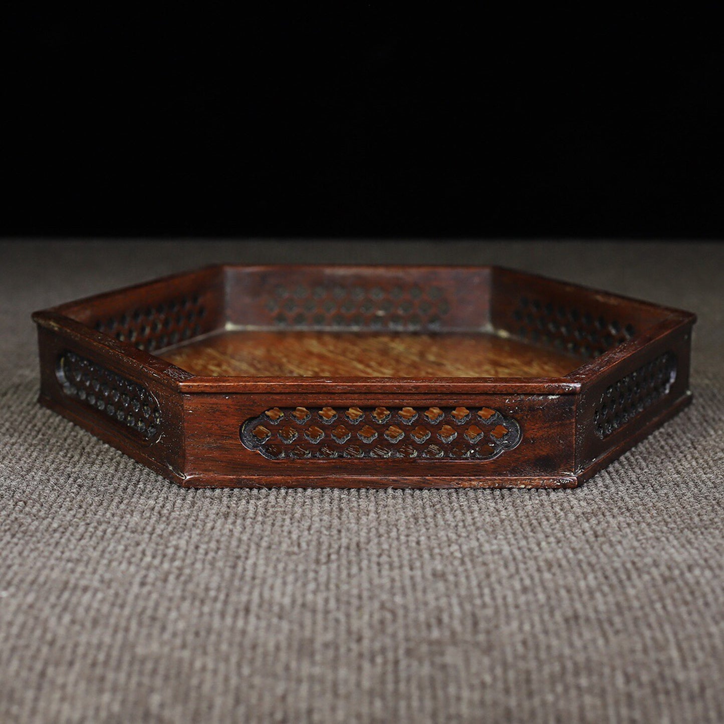 Chinese antique rosewood hollowed out carved hexagonal tea tray
