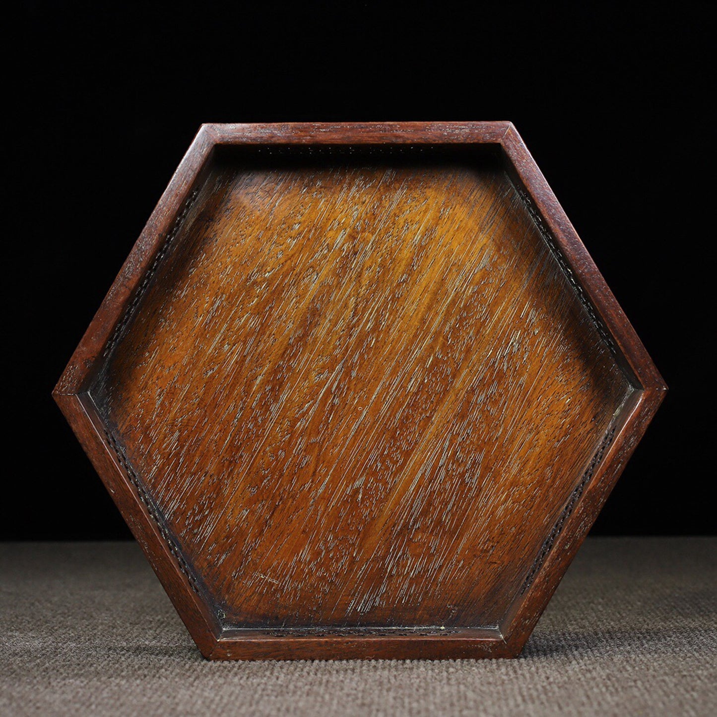 Chinese antique rosewood hollowed out carved hexagonal tea tray