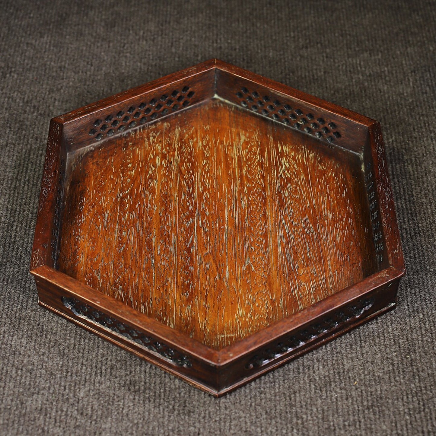 Chinese antique rosewood hollowed out carved hexagonal tea tray